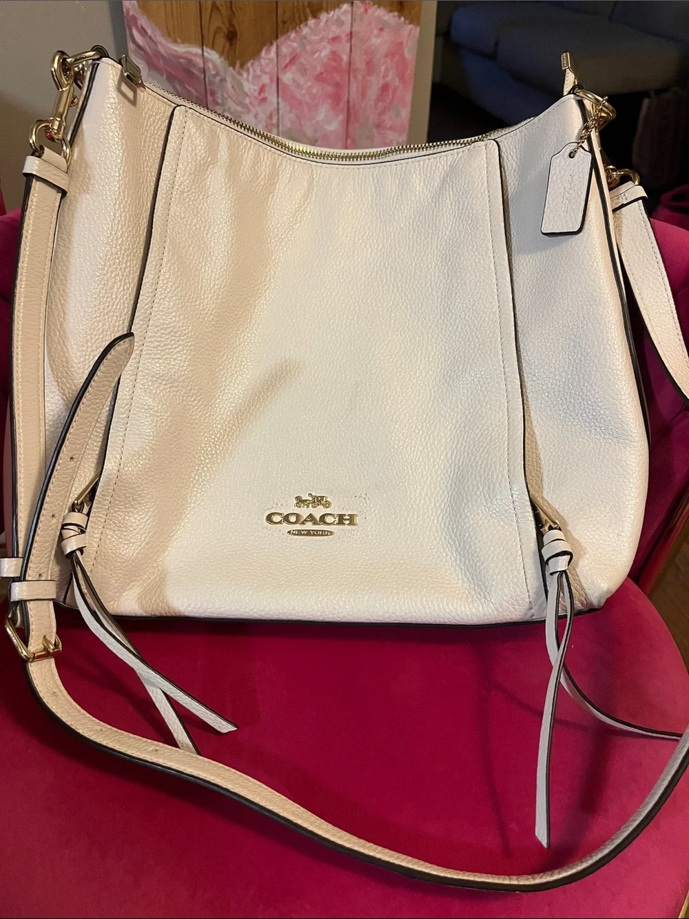 Coach Pebble Leather Marlon Shoulder Bag in White/Cream with Gold Hardware